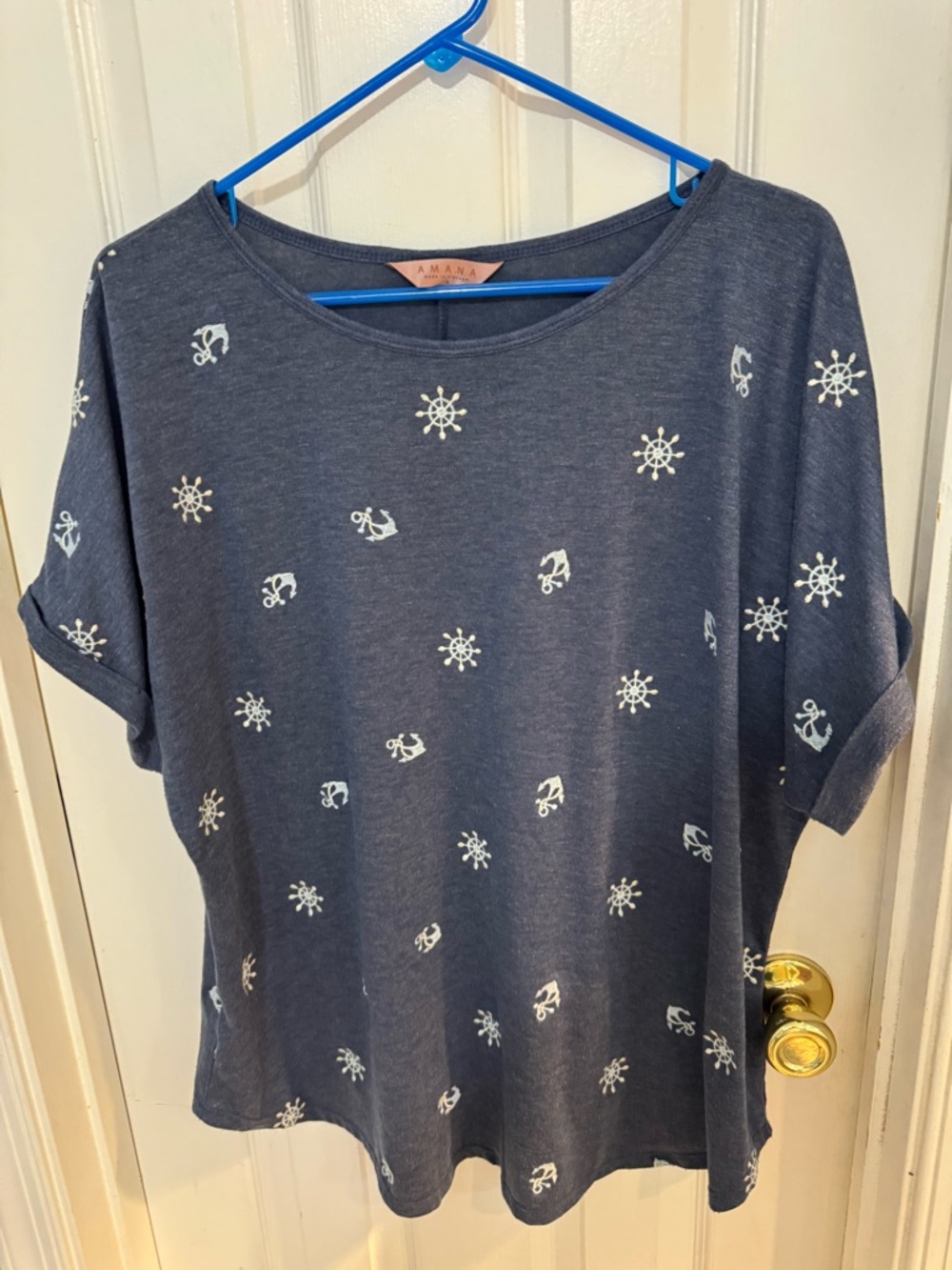 Amiana Navy Short Sleeve Nautical Anchor Tee